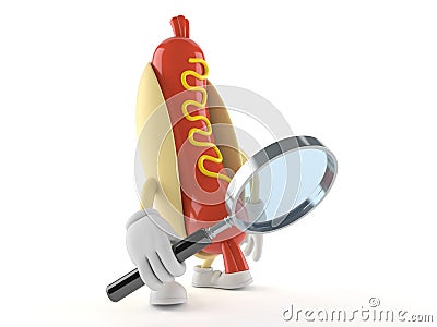 Hot dog character looking through magnifying glass Stock Photo