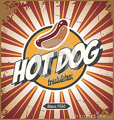 Hot dog comic style promotional retro sign design Vector Illustration