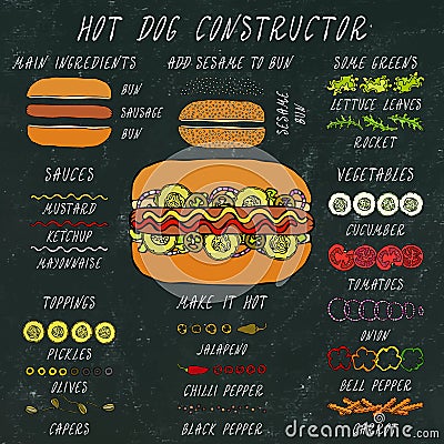 Hot Dog Constructor. Set of Fast Food Menu Ingredients. Hand Drawn High Quality Clean Realistic Vector Illustration. Doodle Style. Stock Photo