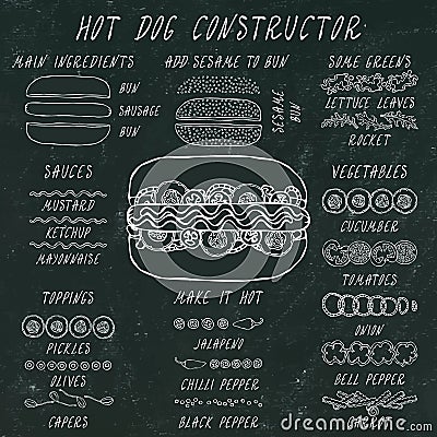 Hot Dog Constructor. Set of Fast Food Menu Ingredients. Hand Drawn High Quality Clean Realistic Vector Illustration. Doodle Style. Stock Photo