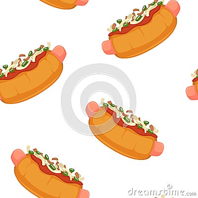 Hot dog or fast food with sausage and mustard tomato ketchup sauce cartoon vector seamless pattern Vector Illustration
