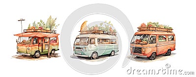 Hot dog Food Truck. Street Food Truck concept with merchant character design. Watercolor vector illustration cute van Vector Illustration