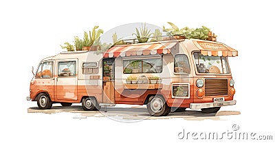 Hot dog Food Truck. Street Food Truck concept with merchant character design. Watercolor vector illustration cute van Vector Illustration