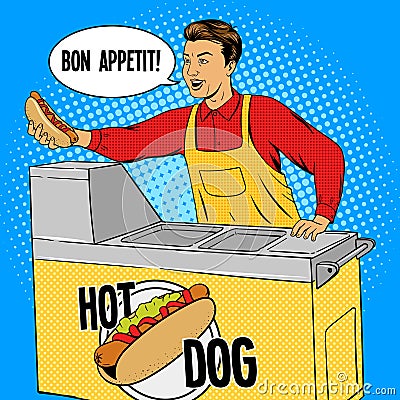 Hot dog guy pop art cartoon style vector Vector Illustration