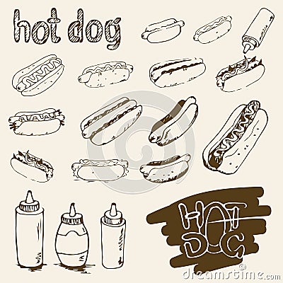 Hot Dog Hand Drawn Set Vector Illustration