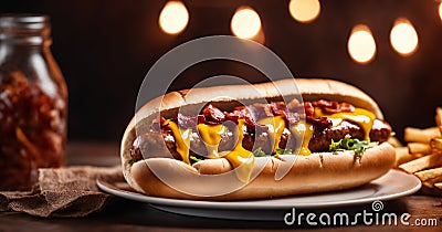 Hot dog with ketchup, mustard and dried tomatoes on wooden board Stock Photo