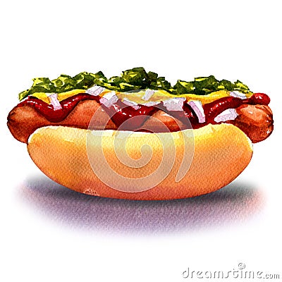 Hot dog with ketchup mustard and vegetables Stock Photo