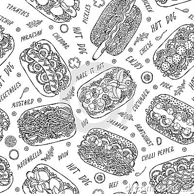 Hot Dog and Lettering Seamless Endless Pattern. Many Ingredients. Restaurant or Cafe Menu Background. Street Fast Food Collection. Stock Photo
