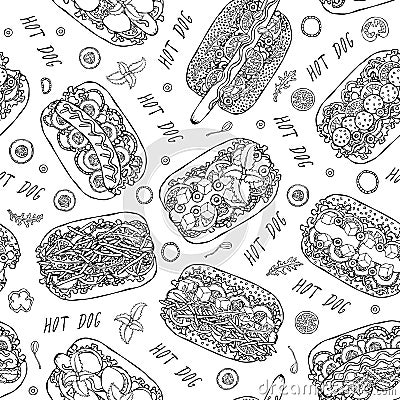 Hot Dog and Lettering Seamless Endless Pattern. Many Ingredients. Restaurant or Cafe Menu Background. Street Fast Food Collection. Stock Photo