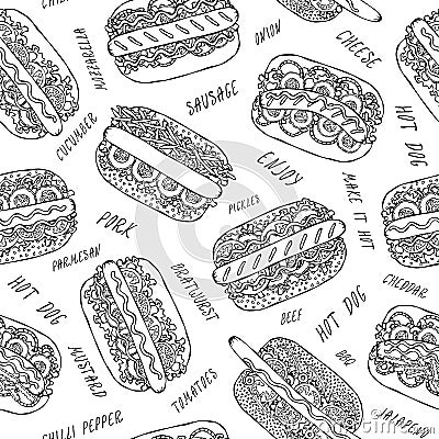 Hot Dog and Lettering Seamless Endless Pattern. Many Ingredients. Restaurant or Cafe Menu Background. Street Fast Food Collection. Stock Photo