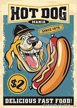 Hot dog mania retro poster with cartoon style dog graphic Vector Illustration