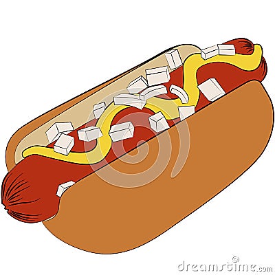 Hot dog with mustard food grilled or steamed sausage served in the slit of a partially sliced bun fast food, junk food. sausage in Cartoon Illustration