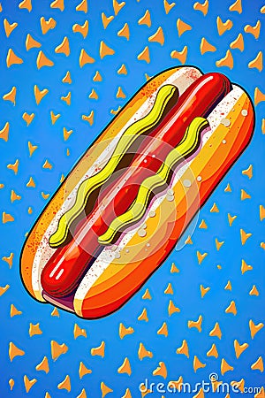 Hot dog with mustard. Illustrated poster design in style of Pop Art. Generative Ai Cartoon Illustration