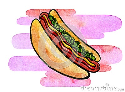 Hot Dog with mustard, ketchup and green relish Cartoon Illustration