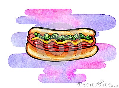 Hot Dog with mustard, ketchup and green relish Cartoon Illustration