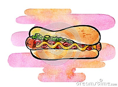 Hot Dog with mustard, ketchup and green relish Cartoon Illustration