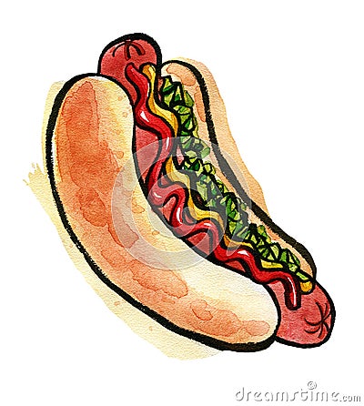 Hot Dog with mustard, ketchup and green relish Cartoon Illustration