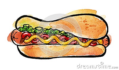 Hot Dog with mustard, ketchup and green relish Cartoon Illustration