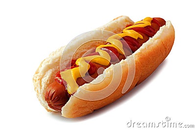 Hot dog with mustard and ketchup isolated on white Stock Photo