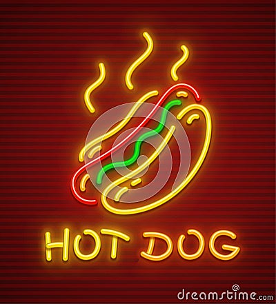 Hot dog neon icon fast food sausage Vector Illustration