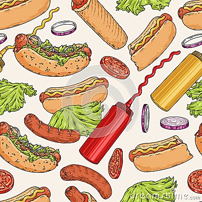 Hot Dog pattern seamless colorful Vector Illustration