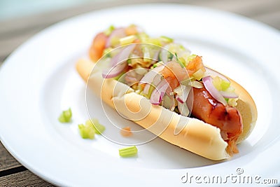 hot dog with relish and onions on white plate Stock Photo