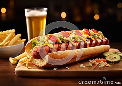 Hot dog with sauce and vegetables and glass of beer on wooden table.Macro.AI generative Stock Photo