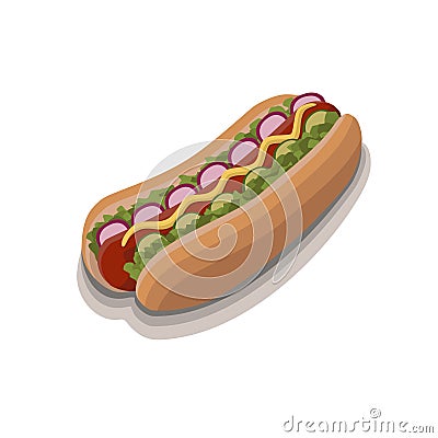 Hot dog with sausage, lettuce, radish, mustard, cucumber, white background Stock Photo