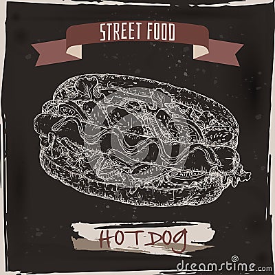 Hot dog sketch on black grunge background. Vector Illustration