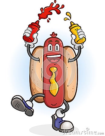 Hot Dog Squirting Ketchup and Mustard Cartoon Character Vector Illustration