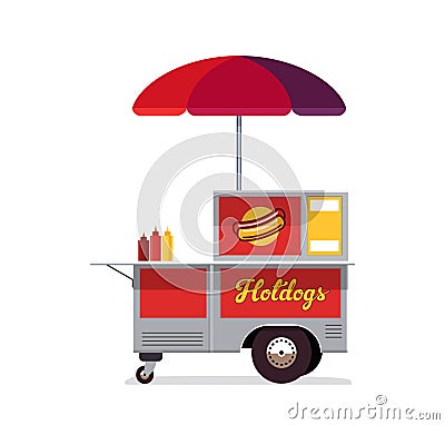 Hot dog street cart. Fast food stand vendor service. Kiosk seller business. Flat style. Vector illustration. Vector Illustration