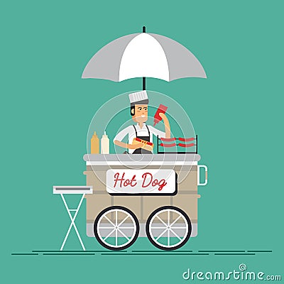 Hot dog street cart with seller.vector Vector Illustration