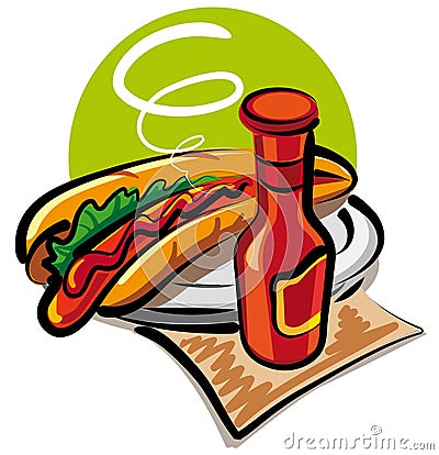 Hot dog and tomato ketchup Vector Illustration