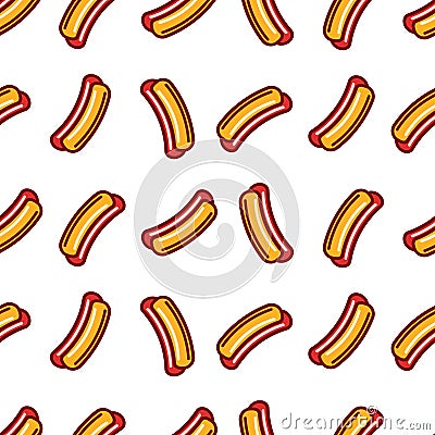 Hot dog vector seamless pattern. Buns and sausages. Flat style. White background. Vector Illustration