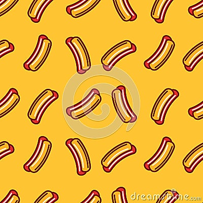 Hot dog vector seamless pattern. Buns and sausages. Flat style. Yellow background. Vector Illustration