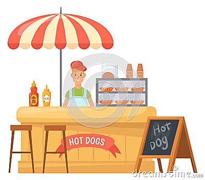 Hot dog vendor stall. Street retail cartoon stand Vector Illustration