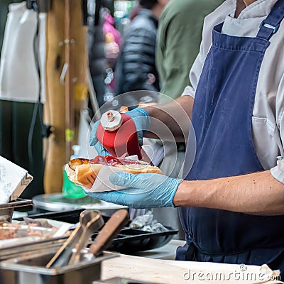 Hot Dog Vendor, Street Food. Stock Photo