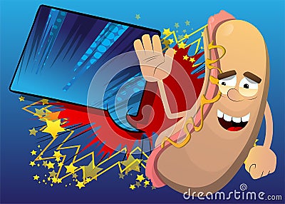 Hot Dog with waving hand. American fast food Vector Illustration