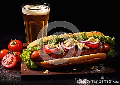 Hot dogg with vegetables and glass of beer on dark background.Macro.AI Generative Stock Photo