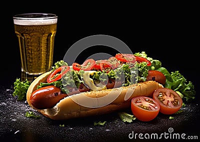 Hot dogg with vegetables and glass of beer on dark background.Macro.AI Generative Stock Photo