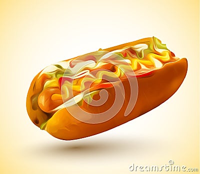 Hot Dogs with Mustard, Ketchup, pickle relish and onions Vector Illustration