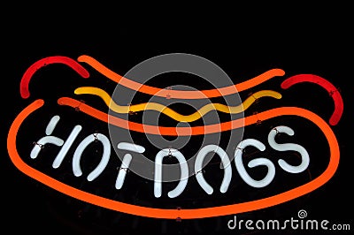 Hot Dogs Neon Red, Yellow and White Sign Stock Photo