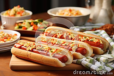 hot dogs on a plate alongside piles of fresh buns Stock Photo