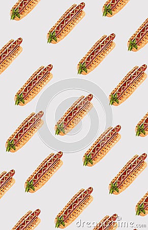 Hot dogs on white background.. Ketchup, mayonnaise, mustard and cherry tomatoes on background Stock Photo