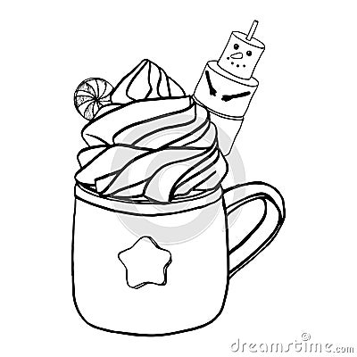 Hot drink chocolate cup with whipped cream and Christmas marshmallow snowman, chocolate candies. Graphics vector Vector Illustration