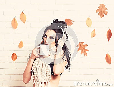 Hot drink and club concept. Girl with serious face Stock Photo