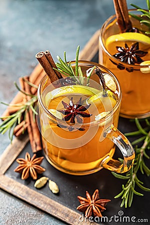 Hot Toddy. Mulled pear cider or spiced tea or grog Stock Photo