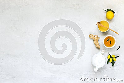 Hot drink for colds and flu. Tea with lemon, honey and ginger. Stock Photo