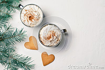 Hot Drink with Whipped Cream and Heart Shaped Cookies, Romantic Winter Concept Stock Photo