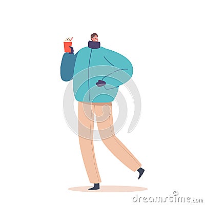 Hot Drink for Winter Christmas Cold Season Concept. Man Holding Cup with Hot Chocolate or Cocoa Beverage with Straw Vector Illustration